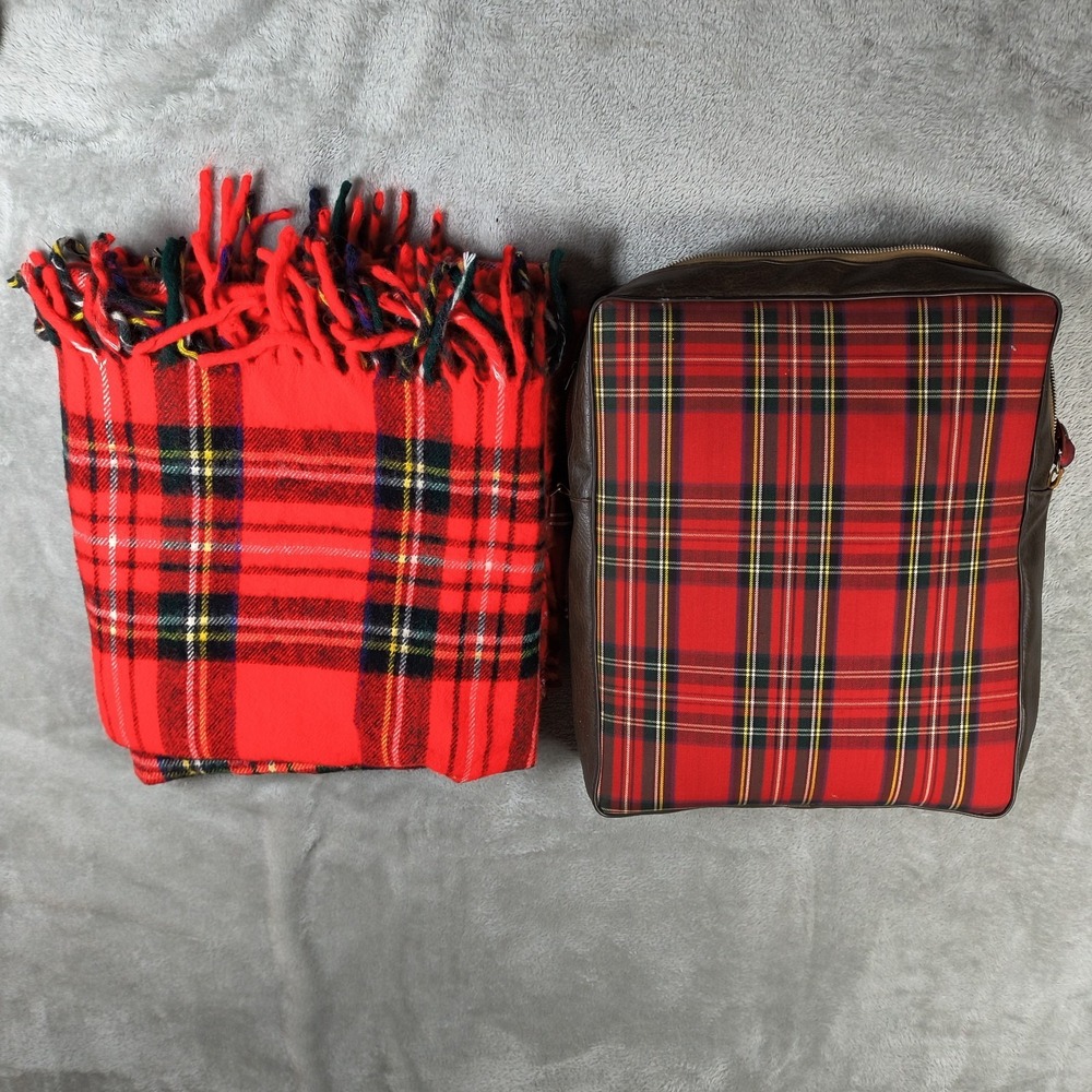Vintage Troy Leisure Blanket And Bag Red Plaid Tartan Carrying Case Made In USA